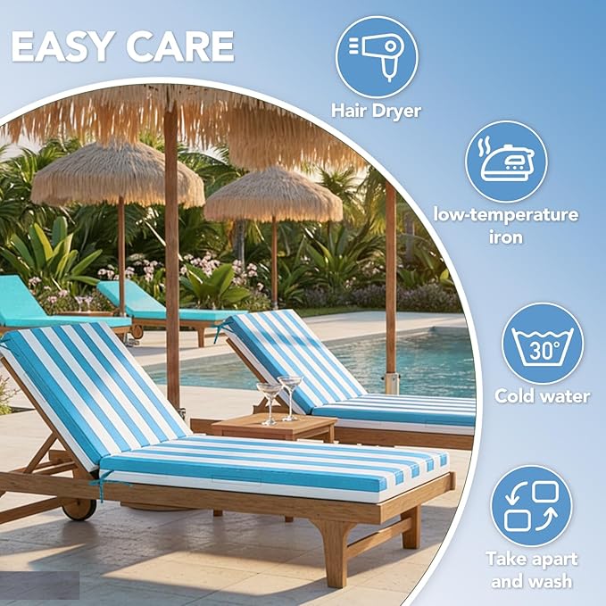 L'AGRATY Outdoor Lounge Chaise Cushion: 72x21x3 Inch Waterproof Lounge Chair Cushion for Outdoor Furniture with Fade Resistant Removable Cover - Patio Cushions for Pool Lawn Deck(Blue White 2Pcs)