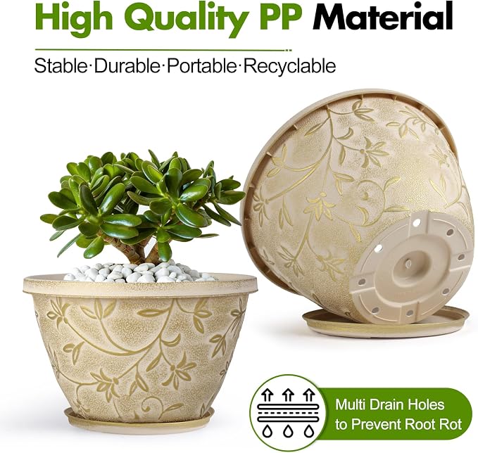 Nooulap 12 Inch Pots for Plants with Drainage, Large Plastic Flower Pots Outdoor Indoor, Decorative Planters with Gold Flower Pattern for Home, Porch, Balcony & Garden (Beige)
