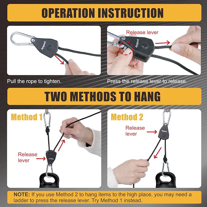 Ayaport Adjustable Rope Hanger Grow Light Hanger, 12Ft 1/8" Heavy Duty Plant Pulley Rope Tightener Ratchet Tie Down for Kayak, Tarp, Tent Tie Downs, 4 Pack