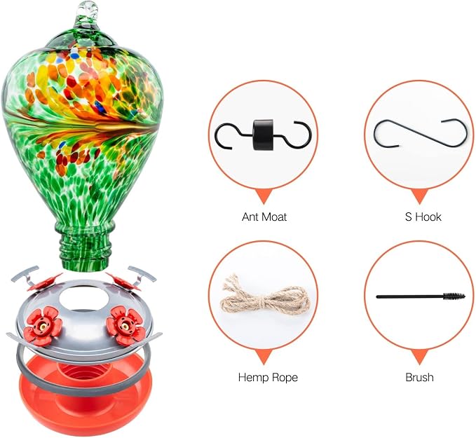 Muse Garden Hummingbird Feeders for Outdoors Hanging, Blown Glass Hummingbird Feeder, Hummingbird Gifts for Mom, Garden Backyard Decor, Unique Gifts Idea for Women Mothers Day, 34OZ, Peacock | Muse Garden Hummingbird Feeders for Outdoors Hanging, Blown...