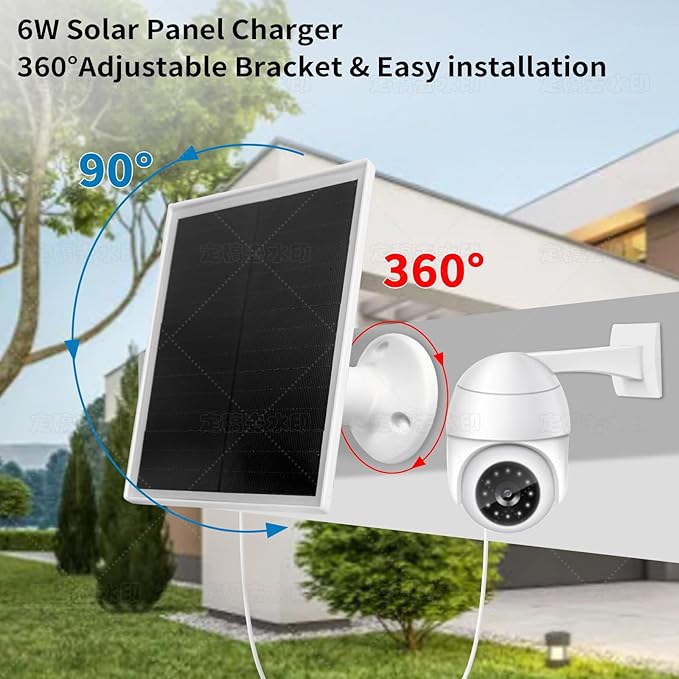 6W Solar Panel Charger, Solar Panel with Micro USB & USB-C Port for DC 5V Outdoor Rechargeable Battery Camera, IP66 Waterproof, 360° Adjustable Security Mount, 1PC