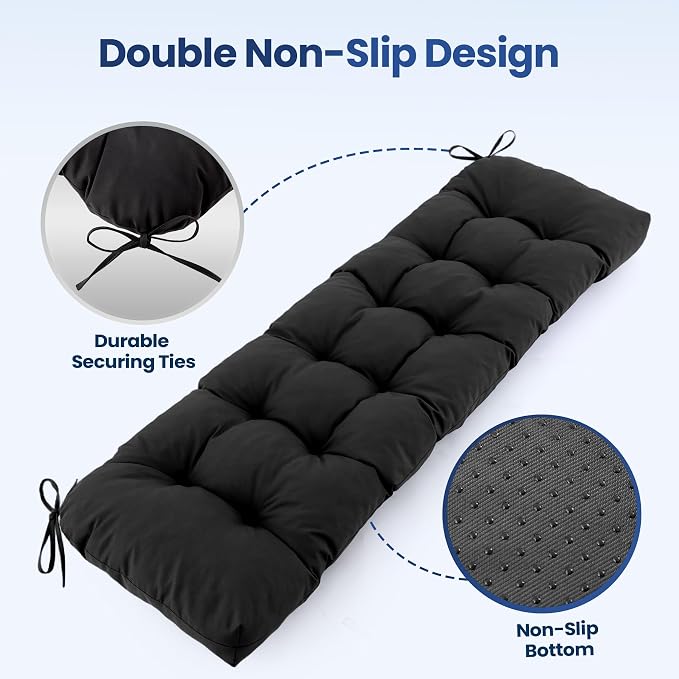 IASEAHK Outdoor Bench Cushion 48x18x5 Inch, Waterproof & Fade-Resistant Patio Furniture Cushions, Tufted Memory Foam Indoor/Outdoor Cushions for Couch Swing with Non-Slip Backing & Straps, Black