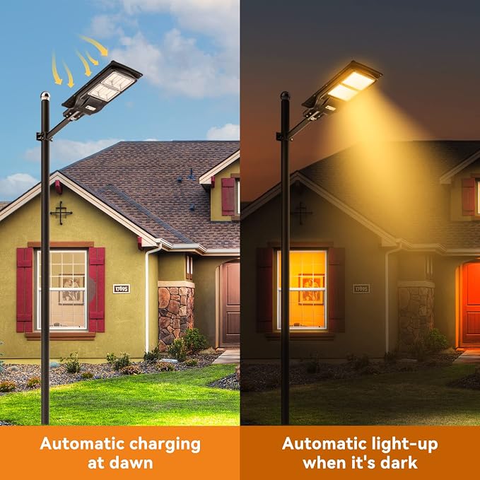 LANGY 3000k Warm White Solar Street Lights Outdoor,Commercial Parking Lot Lights Yellow 180 LEDs Chips Light with Motion Sensor & Dusk to Dawn IP67 with Remote Control for Barn, Yard, Pathway