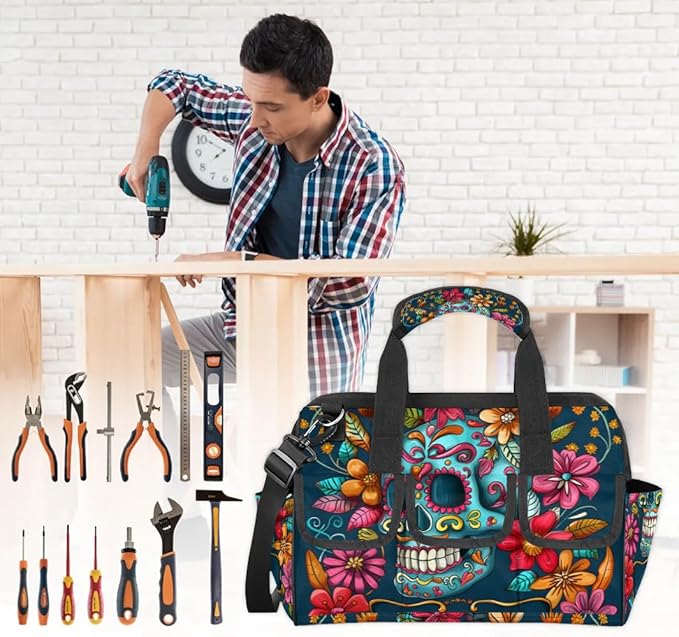 15 Inch Tool Bag 14-Pockets Tool Box Organizer for Men Flowers Skull Tool Tote Bag Waterproof Toolbox with Shoulder Strap Heavy Duty Garden Tool Organizer for Mechanic