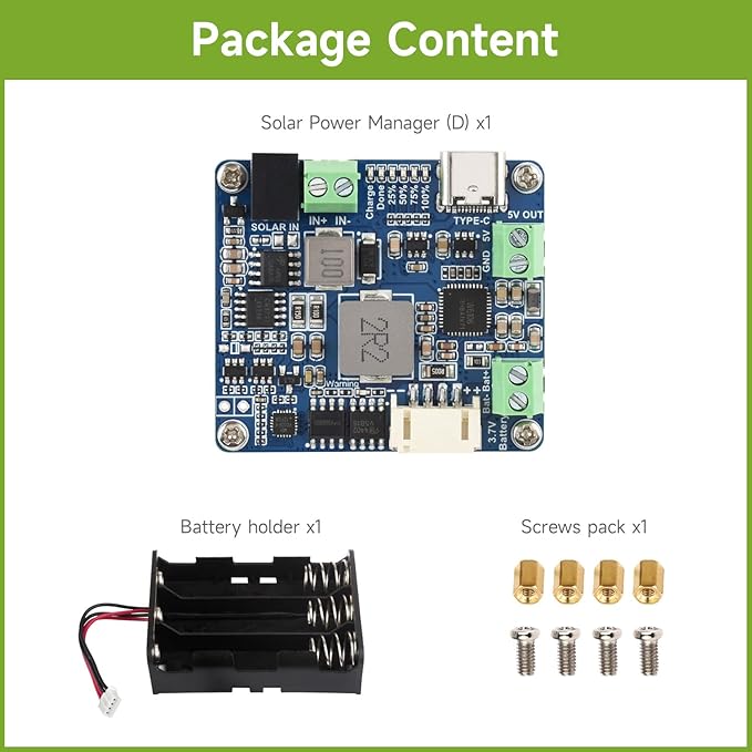 Waveshare Solar Power Manager Module (D), Solar Charge Controller USB, Supports 6V~24V Solar Panel and Type-C Power Adapter, 5V/3A Regulated Output, with Battery Holder (Batteries are Not Included)