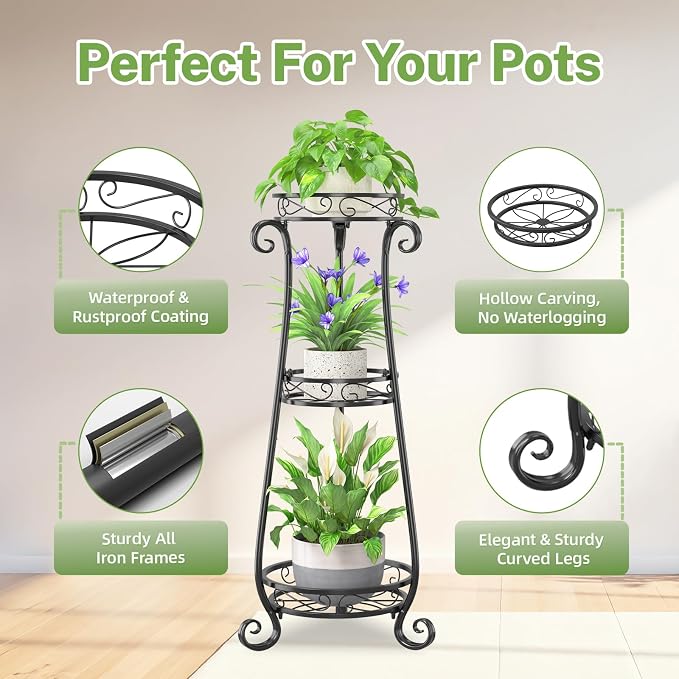 iDavosic.ly Plant Stand for Indoor Outdoor Set of 2, 5 Tier Corner Multiple Flower Pot Holder Shelf and 3 Layer Tall Vertical Heavy Duty Display Rack for Patio Porch Living Room Garden Balcony, Black