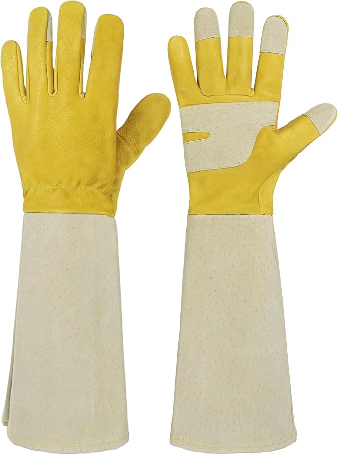 HANDLANDY Rose Pruning Gardening Gloves for Men Women, Thorn Proof Forearm Protection Leather Garden Gloves, Gardening Gifts for Gardeners (Butter Yellow, Medium)