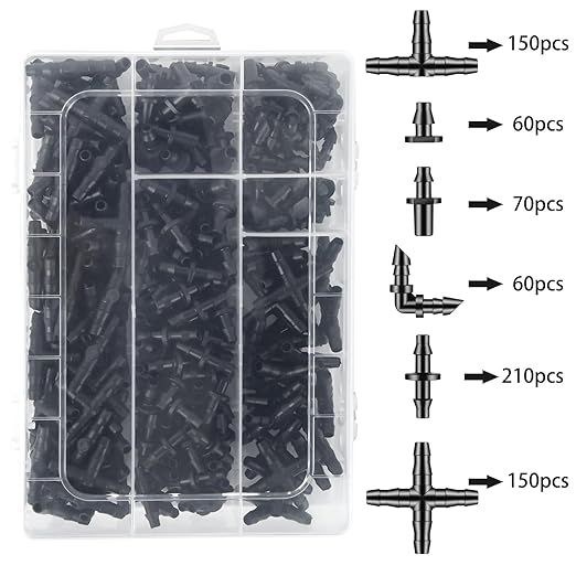 Unoutur 600 Pcs Barbed Connectors Drip Irrigation Fittings Kit, 1/4" Drip Irrigation Kit for Garden Flower Pot Greenhouse Lawn (Straight Barbs,Single Barbs,Tees,Elbows,End Plug,4-Way Coupling)