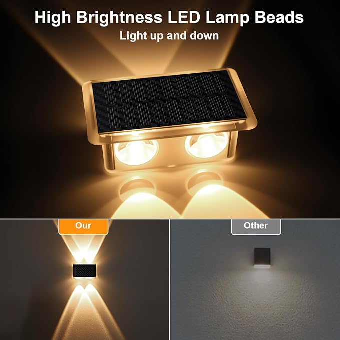 AUDLES Solar Fence Lights Outdoor Waterproof IP65, 3 Color Modes New Up Down Glow Solar Powered LED Wall Pack Lights for Outside Backyard, Deck, Step, Patio, Railing and Home Improvement - 12 Pack