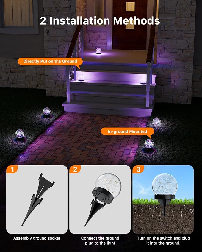 4 Pack Multicolor Solar Powered Cracked Glass Ball Lights Outdoor Waterproof LED RGB Ambiance Orbs Lamps for Outside Garden, Patio, Table, Walkway, Stairs, Lawn, Landscape Decor with Durable Stakes