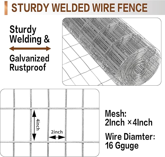 Tongmo 4 ft x 100 ft Galvanized Welded Wire Fence, 16GA Garden Chicken Wire Fence Roll, Mesh Size 2" x 4"Hardware Cloth, Ideal for Yard Protection and Poultry Netting