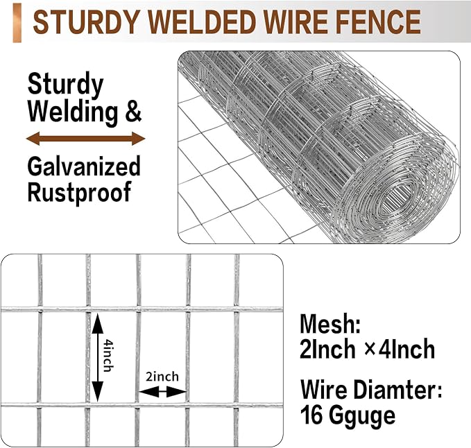 Tongmo 5 ft x 100 ft Galvanized Welded Chicken Wire Fence, 16GA Garden Chicken Wire Fence Roll, Mesh Size 2" x 4"Hardware Cloth, Ideal for Yard Protection and Poultry Netting