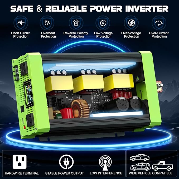 Vansdon 2000W Pure Sine Wave Inverter 12V DC to 120V AC Inverters for RV,Truck, Solar, Home, Off-Grid, Car Power Inverter with LCD Display, 3 AC Outlet, 30W USB-C, USB, Remote Control, Surge 4000W