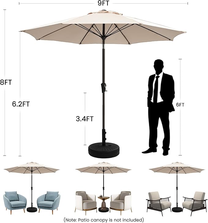 Ayge 9FT Large Outdoor Patio Umbrella Market Table Umbrella-UV Resistant, Easy Push Button Tilt and Crank, 8 Sturdy Fiberglass Ribs Heavy-Duty Pool Umbrella for Deck, Backyard,Garden,Beige