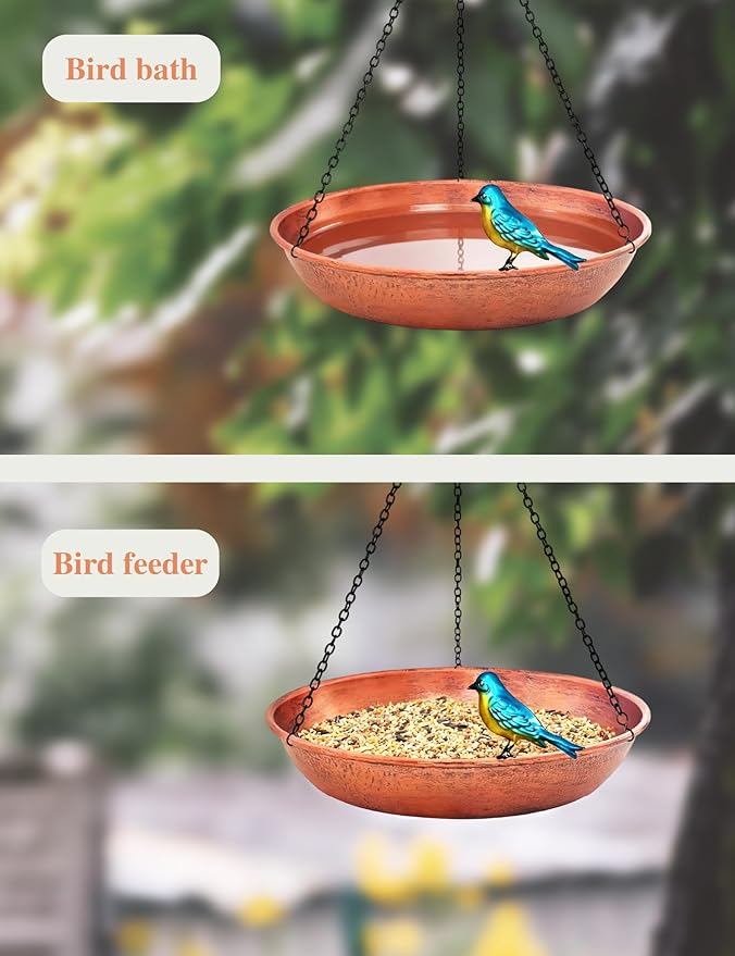 Hanging Bird Bath for Outdoor, 11 Inch Dia Antique Copper Metal Bird Feeder Birdbath Bowl Mounted Black Chain Metal Yard Art Garden Decor 0.5 Gallon