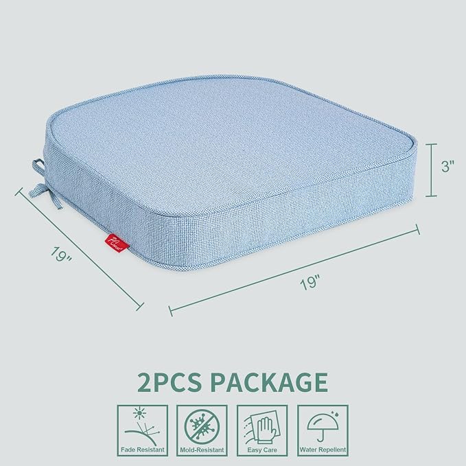 Outdoor Chair Cushions Set of 2, 19x19 Inch U-Shape Patio Seat Cushions with Ties, Water & Fade Resistant High Density Foam Cushions for Garden Patio Chairs, Light Blue