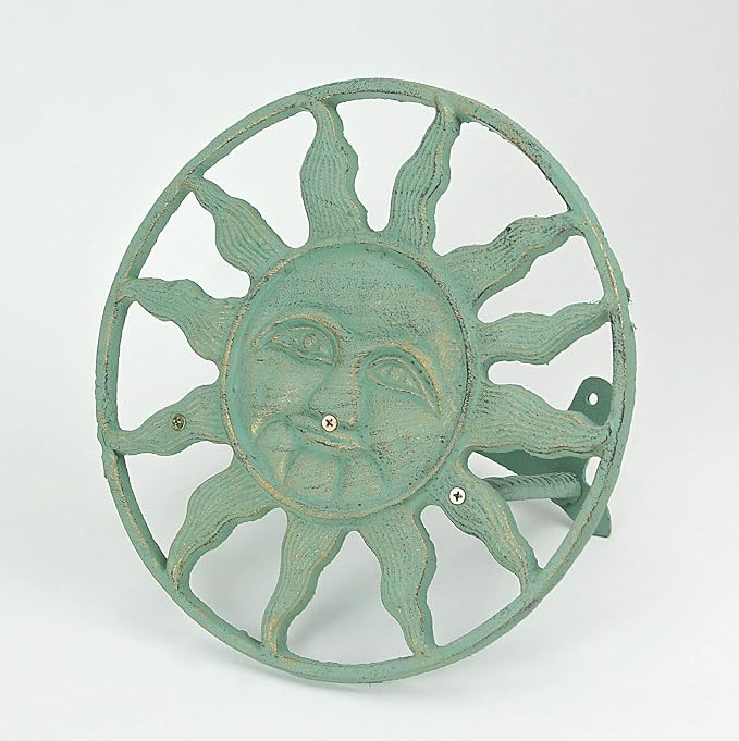 Verdigris Green Finish Cast Iron Sun Face Decorative Wall Mounted Garden Hose Hanger - 12 Inches in Diameter - Simple Installation -75 Foot Capacity Hose Holder