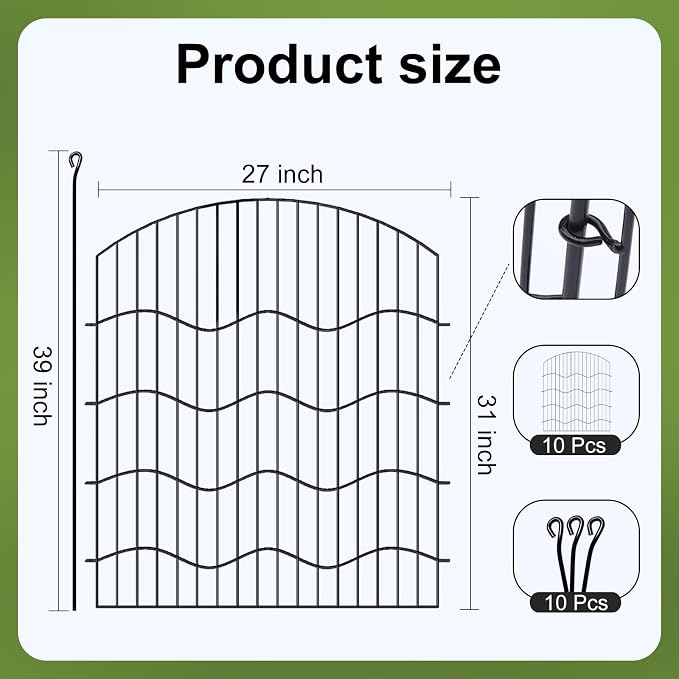 10-Panel No Dig Garden Fence, 31in(H) x24ft(L) Black Metal Animal Barrier, Dog Fence Outdoor for Yard, Temporary Decorative Fencing Border for Rabbits, Patio