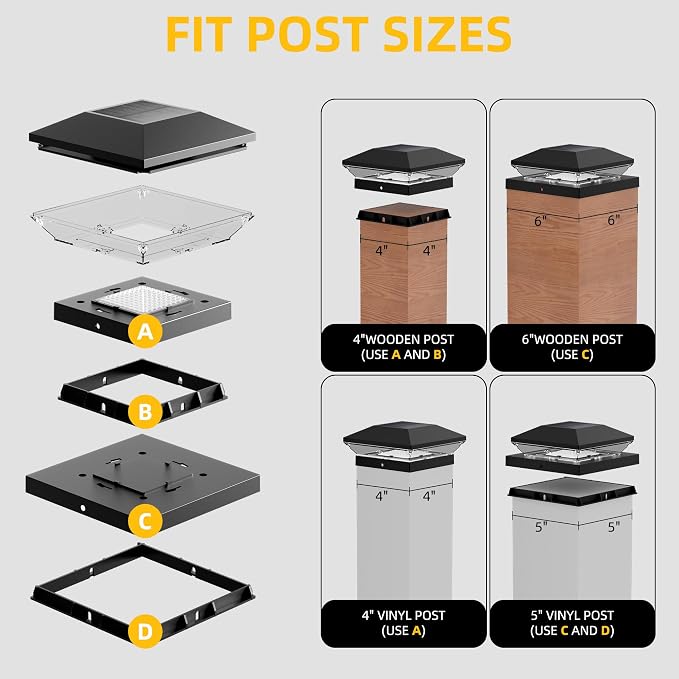 T-SUN Solar Post Cap Lights Outdoor 2 Pack, 2 Modes LED Fence Post Solar Lights Fit for 4x4 5x5 6x6 Vinyl/Wooden Posts, Waterproof Deck Post Lights Solar Powered for Garden Patio Gate Porch