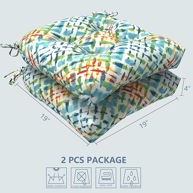 LVTXIII Outdoor/Indoor Tufted Seat Cushion, Decorative Wicker Chair Pads All Weather Seat Cushion Sets for Patio Garden Home Office Furniture, 19"x19"x4", Round Back, Pack of 2, Acapa Opal Geometric