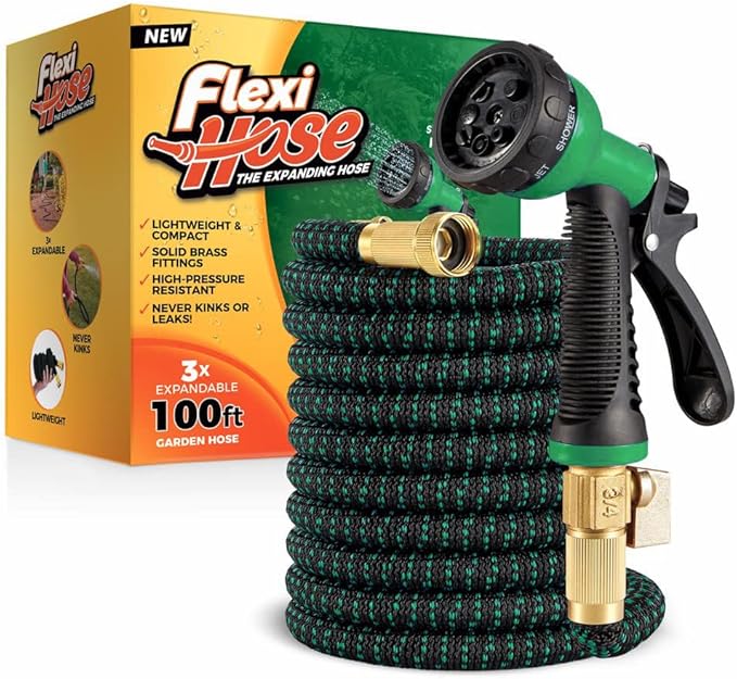 Flexi Hose with 8 Function Nozzle, 100FT - Lightweight Expandable Garden Hose, No-Kink Flexibility, 3/4 Inch Solid Brass Fittings and Double Latex Core - Green