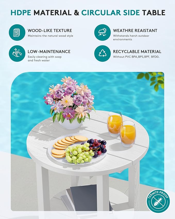 SERWALL Round Outdoor Side Table Set of 2, HDPE Small Adirondack Double End Table, White