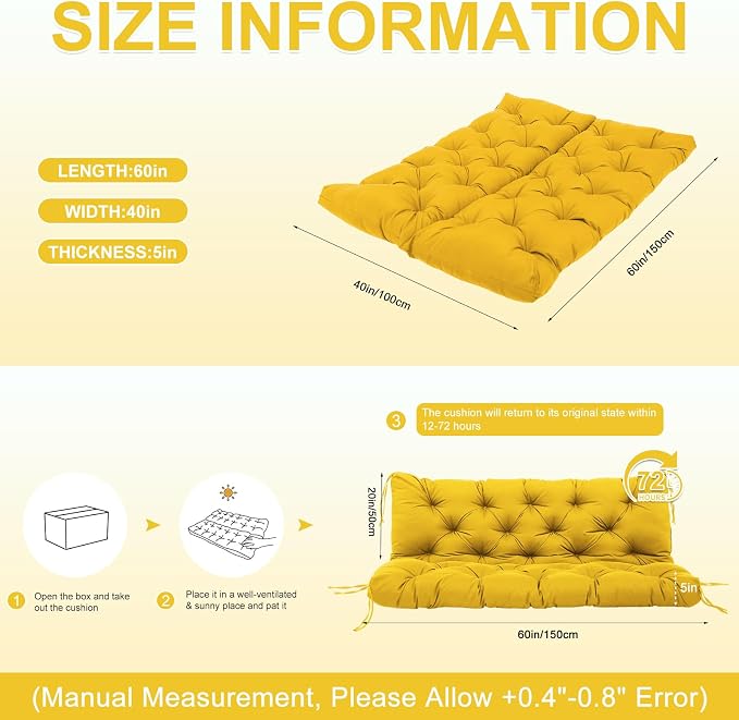 Porch Swing Cushions 60 inch Waterproof & Fade Resistant Thicken 5" Outdoor Swing Cushions 3 Seater Replacement with Backrest & Ties Patio Swing Cushions for Outdoor Furniture (Yellow)