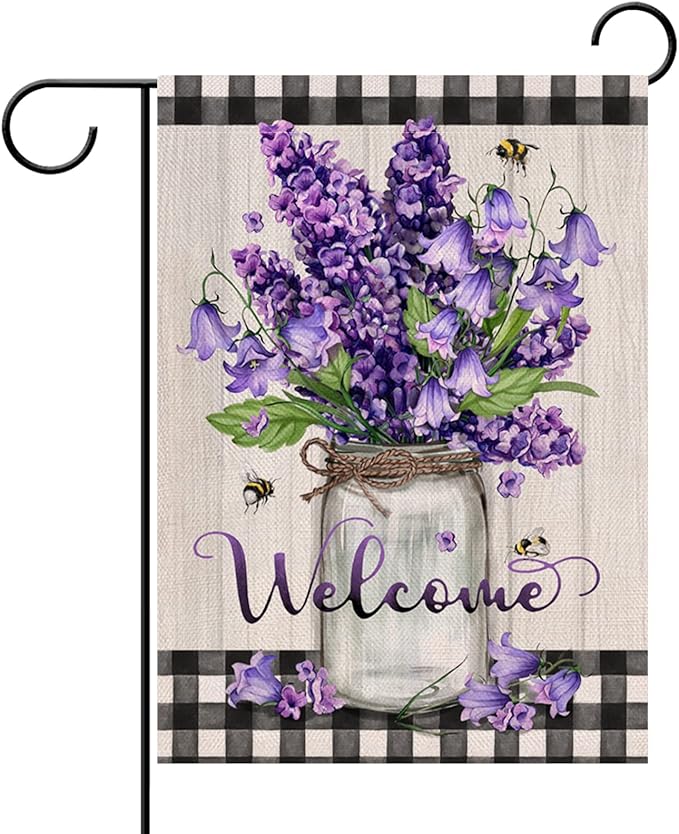 Hzppyz Welcome Spring Summer Floral Flower Garden Flag Double Sided, Hyacinth Canterbury Bells Decorative Yard Outdoor Home Small Decor, Mason Jar Plaid Farmhouse Outside House Decoration 12 x 18