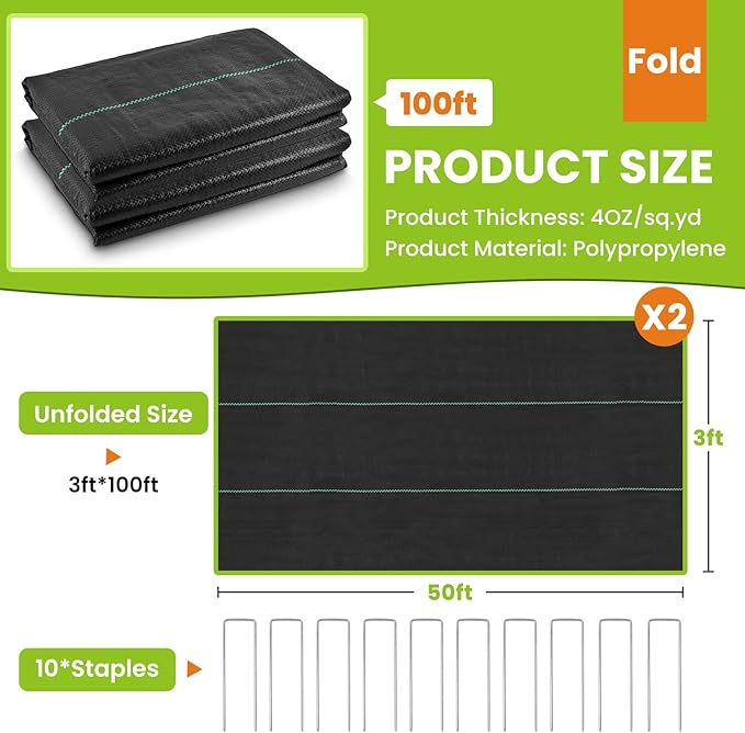 3ftx100ft Weed Barrier Fabric(2 Pack 3ftx50ft), 4oz Landscape Fabric, Garden Weed Block Ground Cover Mat, Garden Cloth Woven Geotextile Fabric for Gardening Ground