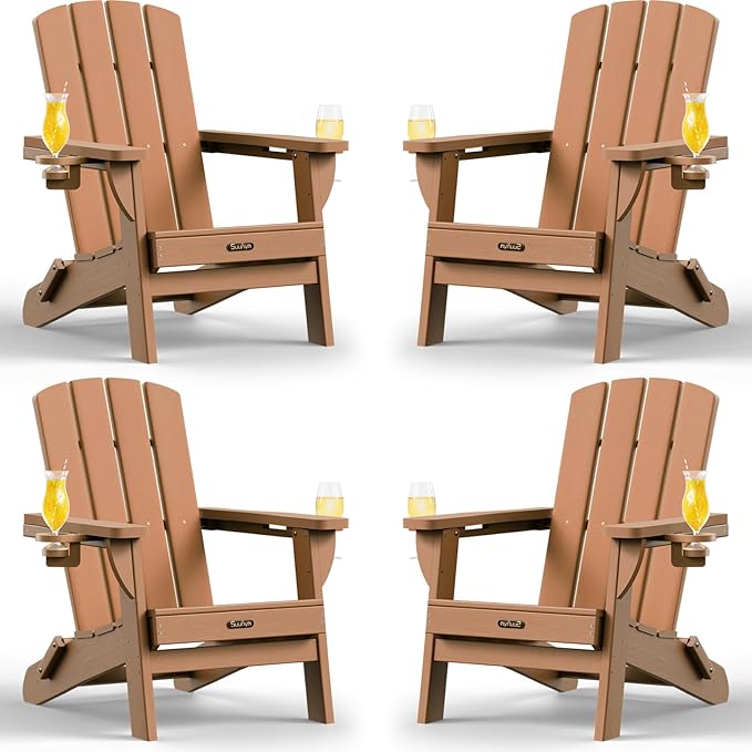 Folding Adirondack Chair 4 Pack, HDPE All-Weather Fire Pit Chairs, Plastic Adirondack Chairs with 2 Cup Holder, Outdoor Lawn Chair for Patio Garden (Teak)