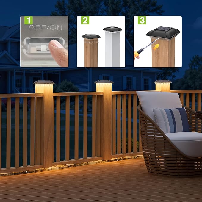 Solar Post Cap Lights Outdoor 8pack - Downward Lighting Waterproof Deck Fence Post Solar Lights for 4x4 Wooden/Vinyl Posts, Warm White Glow, Ideal for Deck Edges/Stair Railings/Porch/Backyard Fence