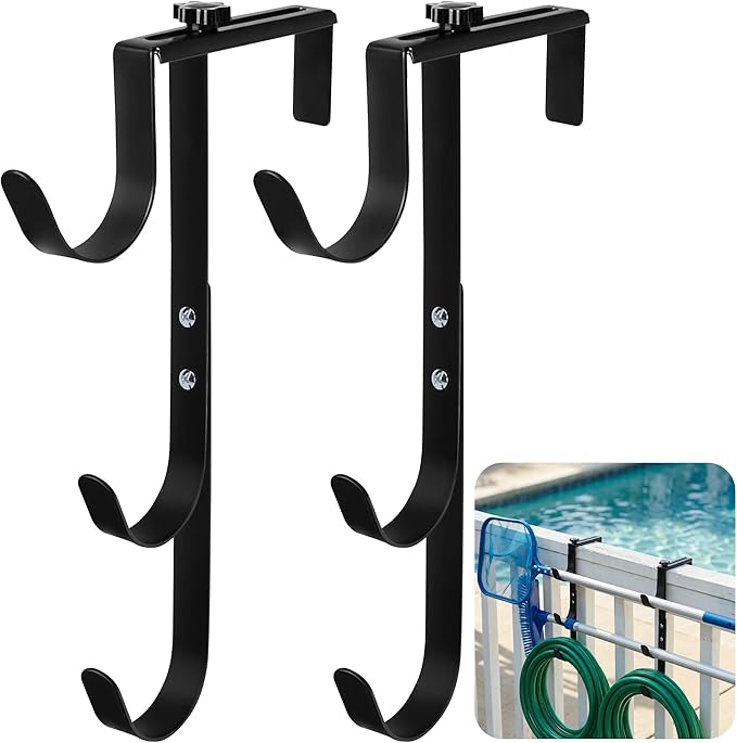 2 Pcs Three-layer Pool Fence Hooks for Pool Equipment, Adjustable Pool Pole Hanger Holder, Rustproof Swimming Pools Skimmer Pole Hooks for Hanging Tool, Hose, Leaf Rakes, Nets Pool-Accessories (Black)