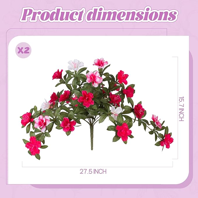 Ammyoo Artificial Fake Azalea Flowers for Outdoor Spring Decoration, Faux Silk Flower for Summer UV Resistant Look Real Plants for Garden Yard Porch Walkway Indoor Decor, 2PCS