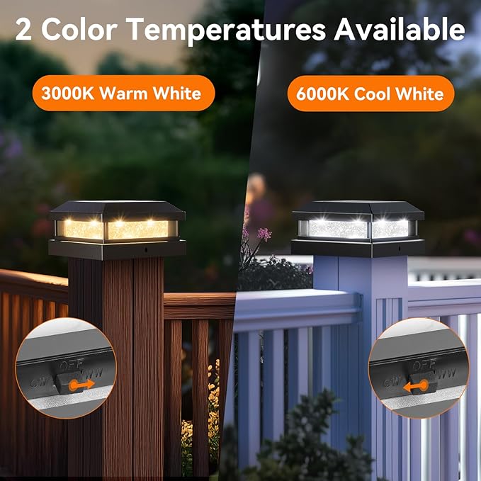 Solar Post Cap Lights Outdoor 12 Packs for 4x4 4.5x4.5 5x5 Vinyl/Wooden Posts, Waterproof Solar Powered Fence Post Light with Warm/Cool Lighting, Black 16LEDs Deck Cap Light for Garden, Patio, Porch