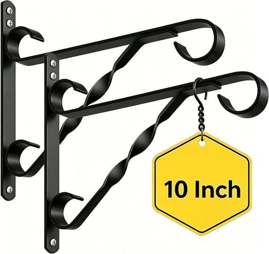 AMAGABELI GARDEN & HOME 2 Pack 10 inch Hanging Bracket Plant Bracket Plant Hanger Outdoor Hangers Flower Bird Feeder Plant Hooks Hangers Lanterns Garden for Indoor Wall Screw Mount Black BG1571
