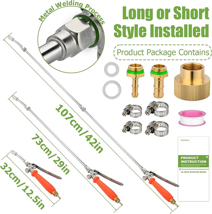 Replacement Pump Sprayer Wand, 41 Inch All Metal Spray Wand with Stainless Steel Extension Tubes, 1/4" 3/8" Brass Barbs & 3/4" Garden Hose Joint Parts for Weed Lawn Plants Careing Watering