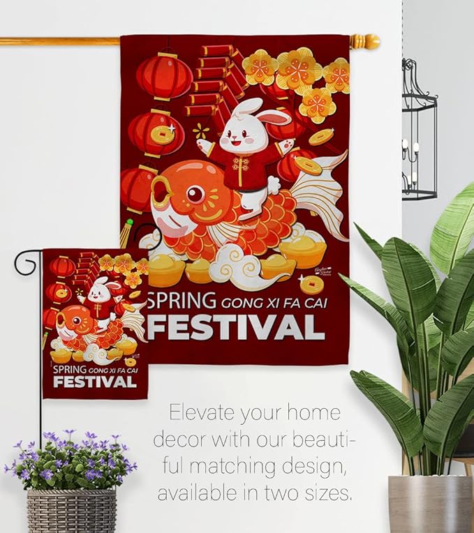 Chinese New Year Rabbit Wall Tapestry Home Decor Banner Patio Porch Lawn Garden Flag Pole Room Decorations Indoor Small Outdoor Yard Sign Lunar New Year Gifts Spring Festival Decorations Made In USA