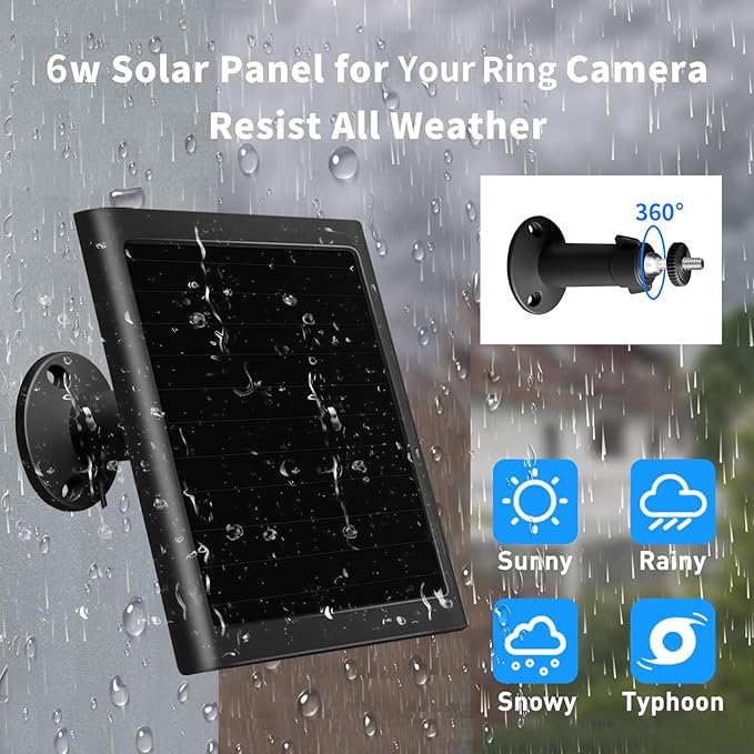 6W Solar Panel Charger for Ring Camera, Compatible with Ri ng Stick Up Camera and Ring Spotlight Plus/Pro Camera Battery, Waterproof (Black 1Pack)