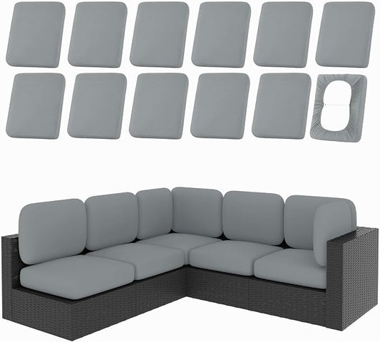 hyha 12Pcs Patio Cushion Covers, Stretch Outdoor Couch Cushion Covers Replacement, Washable Outdoor Chair/Sofa Slipcovers for Patio Furniture Cushions Protector with Elastic Bottom(Gray,Cover Only)