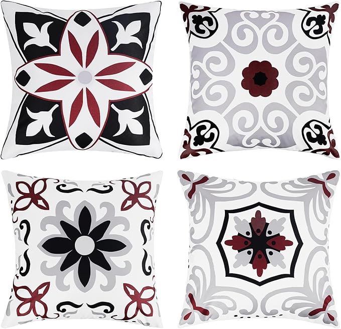 Pyonic Black White Gray Outdoor Pillows Waterproof Throw Pillow Covers Set of 4 Floral Printed and Boho Farmhouse Outdoor Pillow Covers for Patio Funiture Garden 18x18 Inch