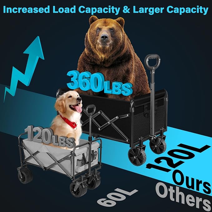 Collapsible Wagon Cart with Wheels Foldable: 360LBS Heavy Duty Folding Utility Wagon - Portable All Terrain Grocery Wagon Cart for Groceries Shopping Outdoor Camping Fishing Sports (Dark Black)