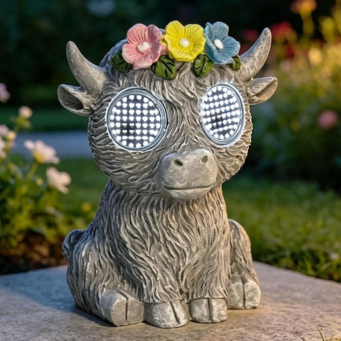 Outdoor Solar Garden Statue, Dynamic LED Light with Flower Sculpture, Art Decor for Patio Porch Lawn Backyard, Housewarming Gifts for Women (Stone Highland Cow)