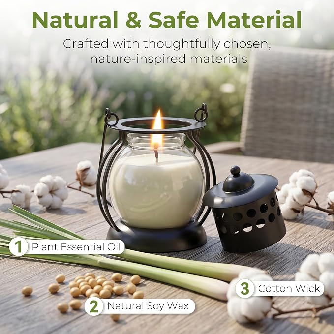 Citronella Candles Outdoor 3 Pack, DEET-Free Soy Wax Candles with Upgraded Metal Lantern Design, Long Burning Lemongrass Candles for Patio, Garden & Backyard Decor