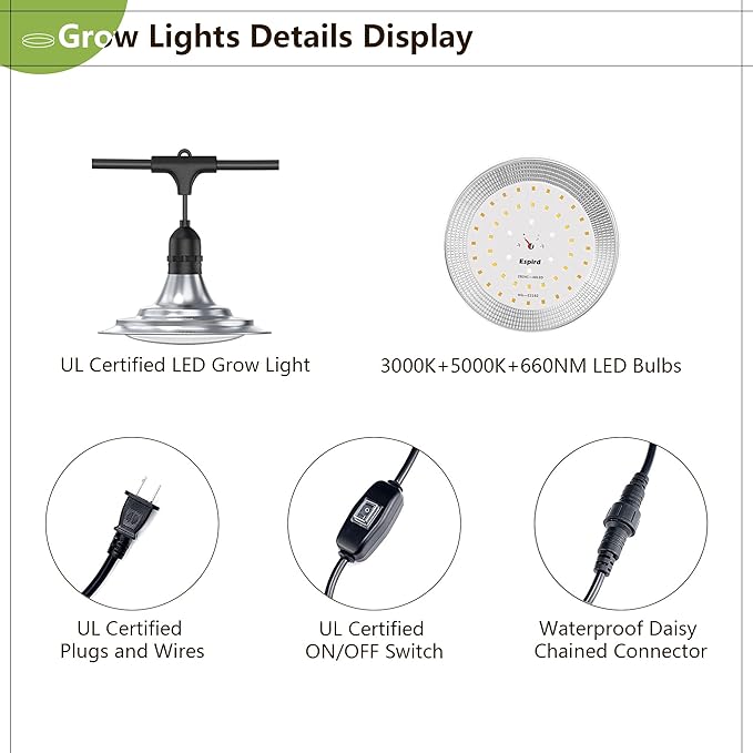 Espird Outdoor LED Grow Light, 12-Light Full Spectrum Grow Light Strip, Waterproof Plant Growing Lamps, UL Certified String Grow Lights for Greenhouse Garden, 41FT Outdoor Grow Light for Veg Seedling