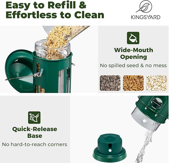 Kingsyard Squirrel Proof Bird Feeders with Weight-Activated Perches, Metal Wild Bird Feeder for Outdoors Hanging, 3 lb Large Seed Capacity, Green