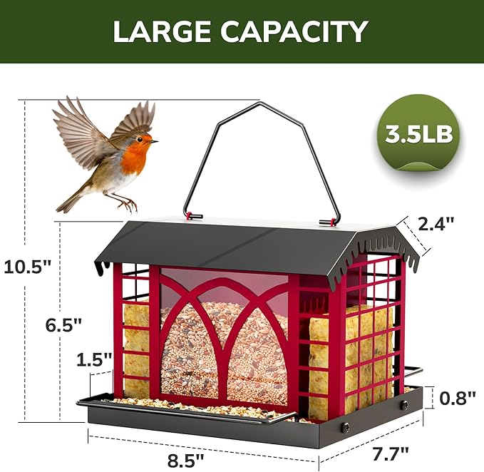 Bird Feeders for Outdoors Hanging, Metal Bird Feeder with Double Suet Cage Weatherproof Metal Roof, 3.5Lbs Large Capacity Great for Attracting Finch Cardinal Chickadee Wild Birds, Berry Red