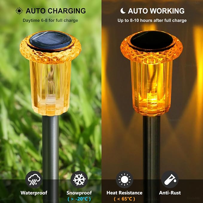 DenicMic Solar Fall Lights Outdoor Waterproof 10 Pack Orange LED Fall Decor | Yard Garden Pathway Walkway Patio Diamond-like Style Starburst Light Pattern, Acrylic/Stainless Steel, Autumn/Halloween Decor