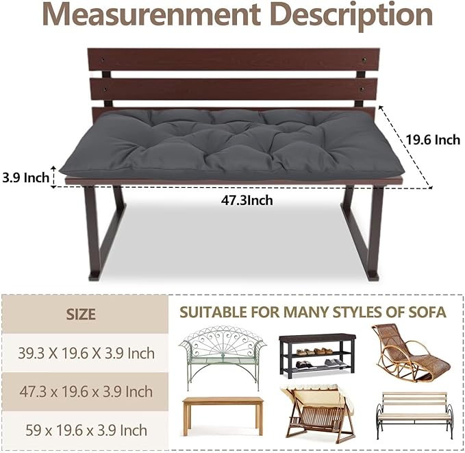 Yddsky 47.3 in Waterproof Indoor/Outdoor Garden Bench Seat Cushions，Thicken Patio Bench Soft Rocking Chairs Pad Lounger Seat for Wicker Loveseat Settee（47.3 X 19.6 X 3.17 in Dark Grey）