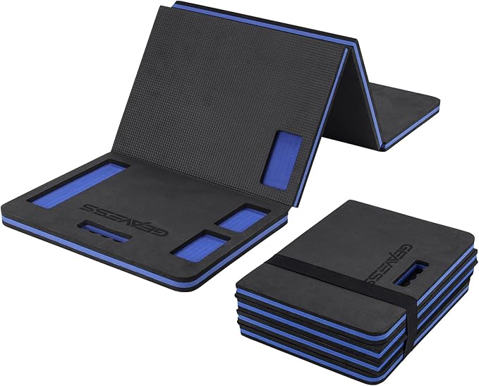 1.1" Foldable Kneeling Pad, Large Supportive Mechanic Mat with Storage Strap & Tool Tray, Extra Thick Comfortable Foam Knee Pad for Gardening, Garage, Workshop Repairing, 47.2"x15.7"