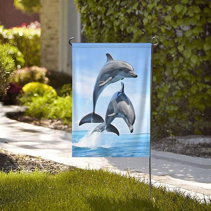 Delerain Dolphins Garden Flag, 12.5 x 18 Inch Double Sided Design Weather Resistant Indoor & Outdoor Decoration Small Banner for Home Yard Lawn Patio Office